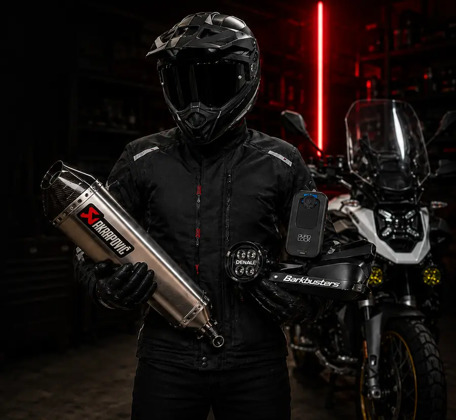 Motorcyclist holding motorcycle accessories