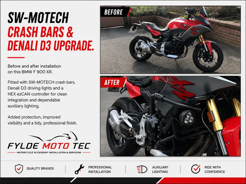 BMW F 900 XR with SW-MOTECH crash bars, Denali D3 driving lights and HEX ezCAN controller