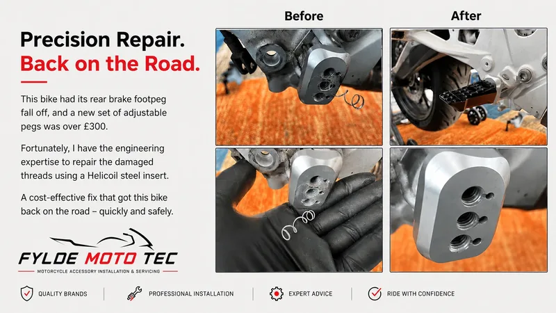 Motorcycle footrest mounting thread repaired using a HeliCoil insert