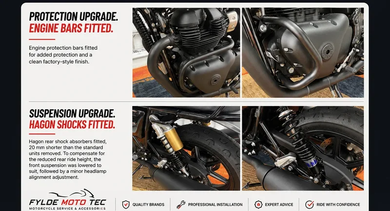 Royal Enfield Interceptor 650 engine protection bars and Hagon rear shock absorber upgrade